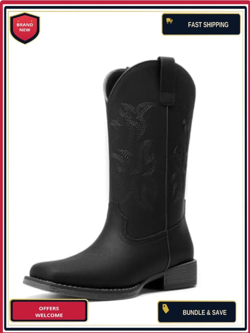 Women Cowboy Boots Wide Square Toe Mid Calf Faux Leather Embroidered Western